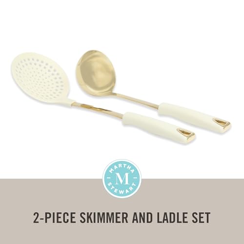 Martha Stewart Lockton 2-Piece Stainless Steel & Nylon Kitchen Skimmer and Ladle Set for Cooking - Linen w/Gold | Easy t