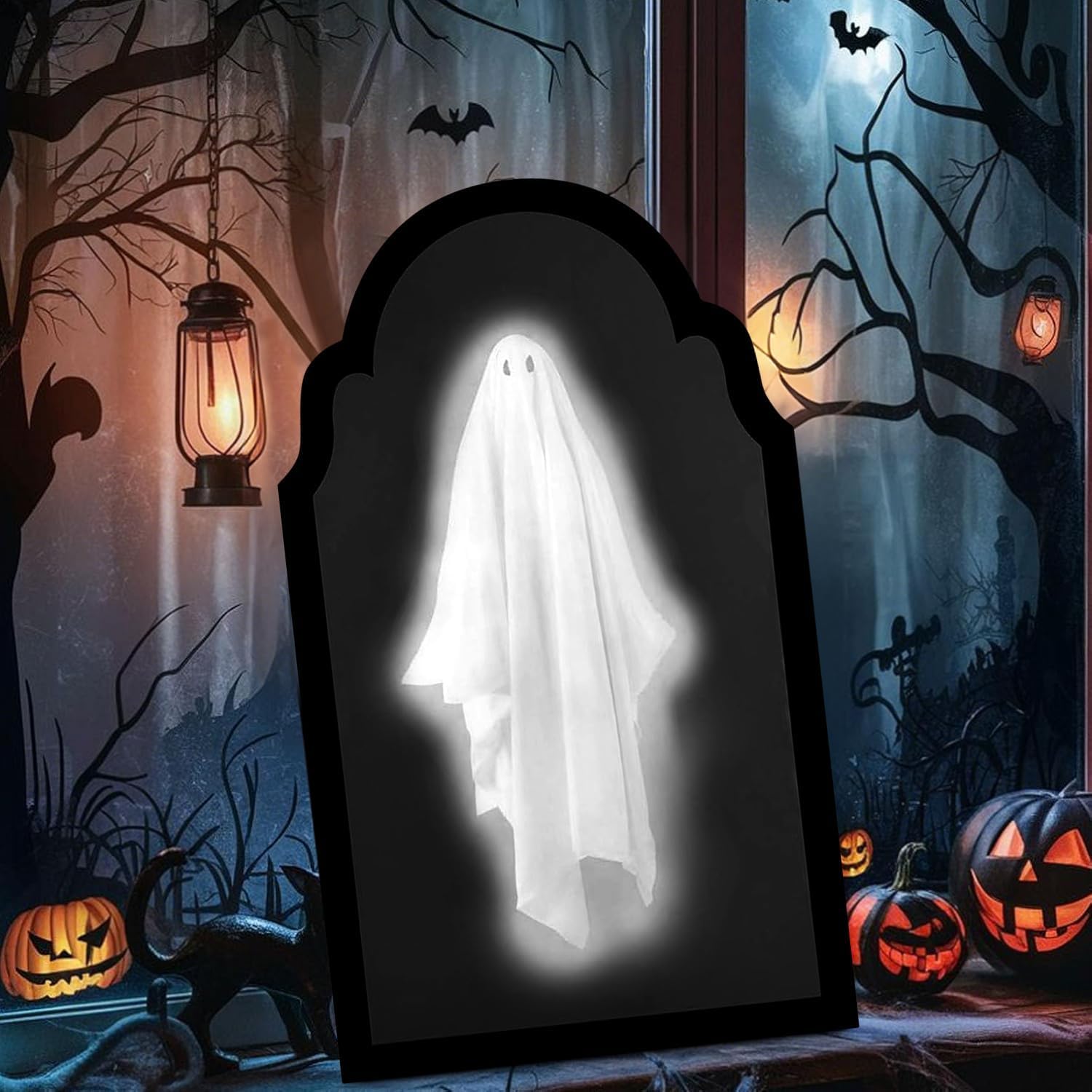  2025 Novelty Ghost Mirror with Creepy Eyes for Halloween Decor, Indoor DIY Ghost Mirror, Wave Border White Light Ghost
